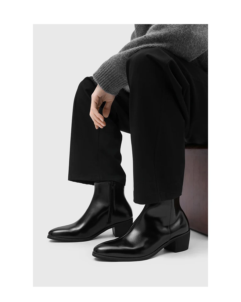 Men's Pointed Toe Chelsea Boots Black Brown Leather Ankle Boots Side Zipper Block Heel Dress Shoes Business Formal Footwear 2026