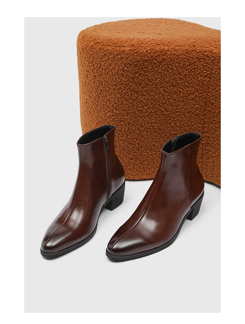 Men's Pointed Toe Chelsea Boots Black Brown Leather Ankle Boots Side Zipper Block Heel Dress Shoes Business Formal Footwear 2026