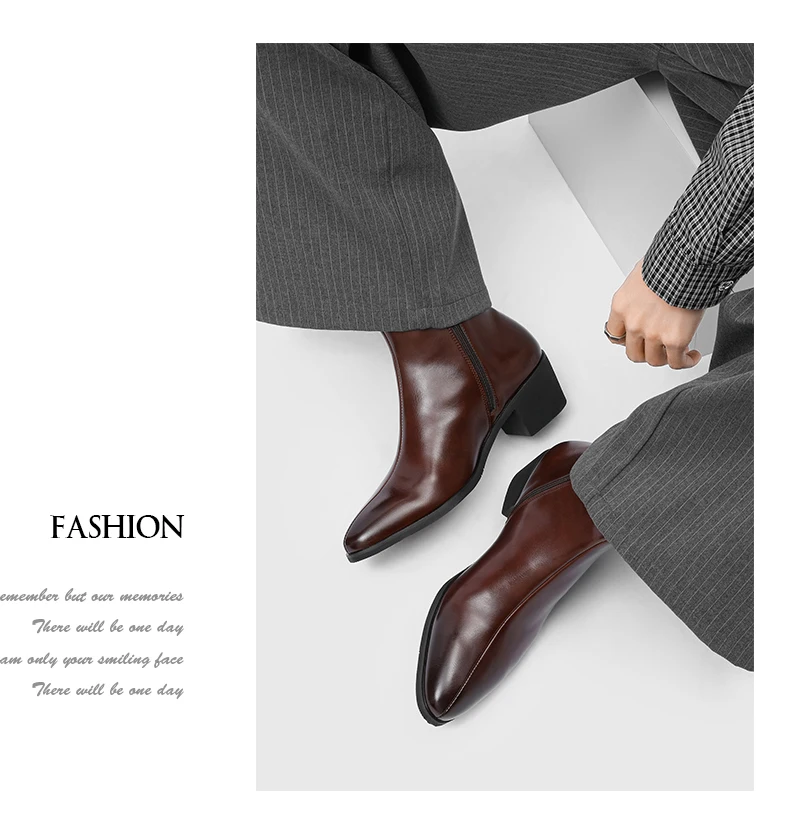 Men's Pointed Toe Chelsea Boots Black Brown Leather Ankle Boots Side Zipper Block Heel Dress Shoes Business Formal Footwear 2026