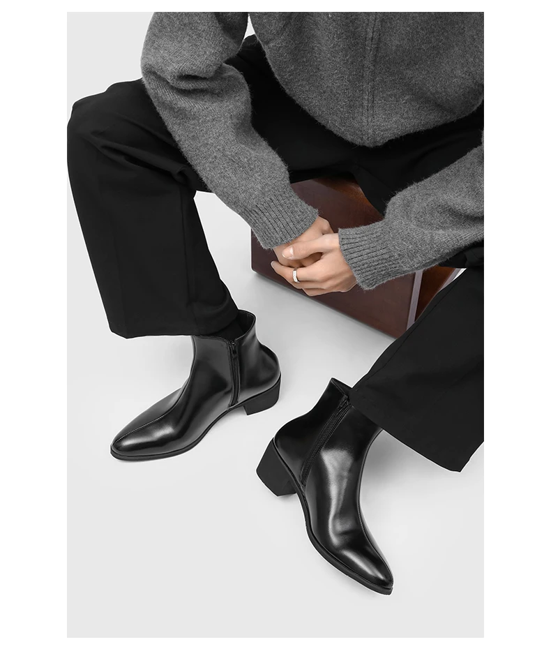 Men's Pointed Toe Chelsea Boots Black Brown Leather Ankle Boots Side Zipper Block Heel Dress Shoes Business Formal Footwear 2026