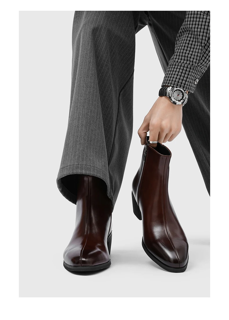 Men's Pointed Toe Chelsea Boots Black Brown Leather Ankle Boots Side Zipper Block Heel Dress Shoes Business Formal Footwear 2026