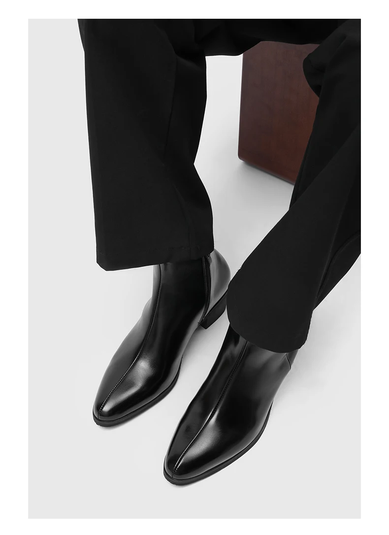 Men's Pointed Toe Chelsea Boots Black Brown Leather Ankle Boots Side Zipper Block Heel Dress Shoes Business Formal Footwear 2026