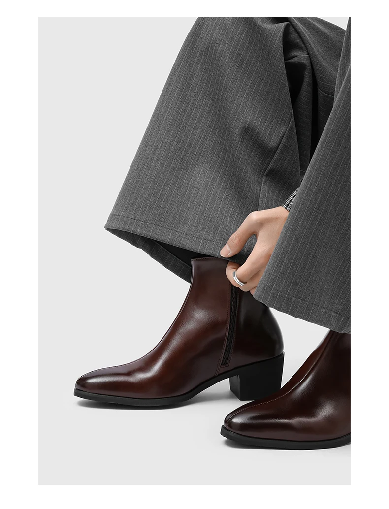 Men's Pointed Toe Chelsea Boots Black Brown Leather Ankle Boots Side Zipper Block Heel Dress Shoes Business Formal Footwear 2026