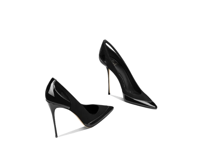 French Style Gray Patent Leather Patchwork Design with a Sense of Autumn New Style Pointed Toe Slim Heel High Heels for Women