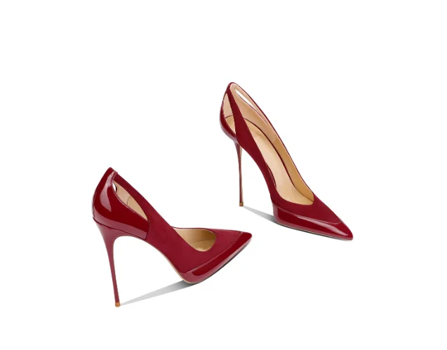 French Style Gray Patent Leather Patchwork Design with a Sense of Autumn New Style Pointed Toe Slim Heel High Heels for Women