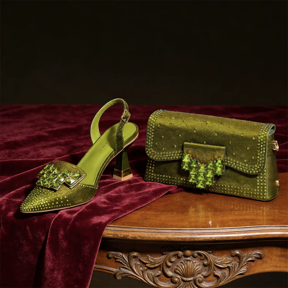 2026 INS Italian Design Olive Green Rhinestone Pointed-Toe Women’s High Heels with Matching Bag Set for Parties and Weddings