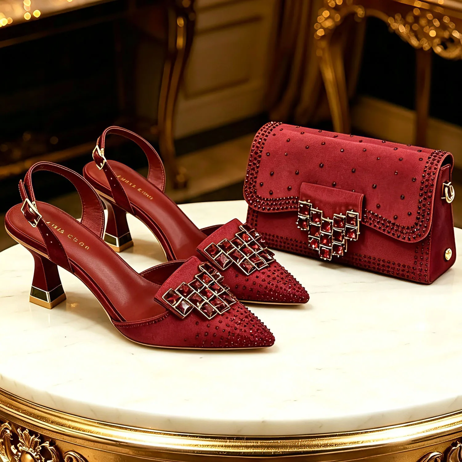 2026 INS Italian Design Olive Green Rhinestone Pointed-Toe Women’s High Heels with Matching Bag Set for Parties and Weddings