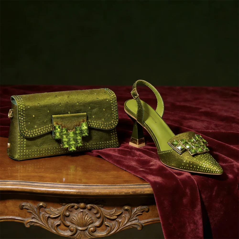 2026 INS Italian Design Olive Green Rhinestone Pointed-Toe Women’s High Heels with Matching Bag Set for Parties and Weddings