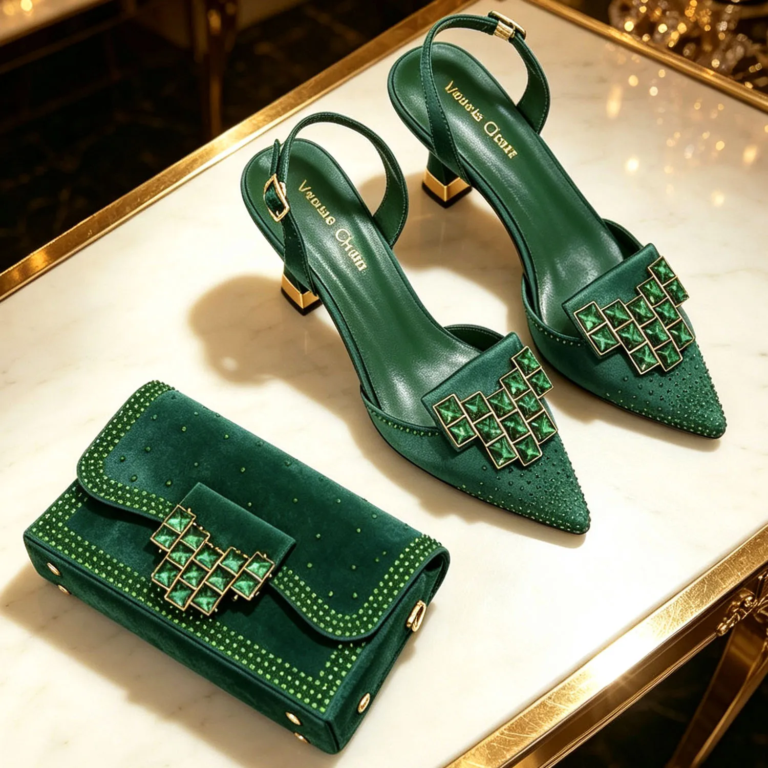 2026 INS Italian Design Olive Green Rhinestone Pointed-Toe Women’s High Heels with Matching Bag Set for Parties and Weddings