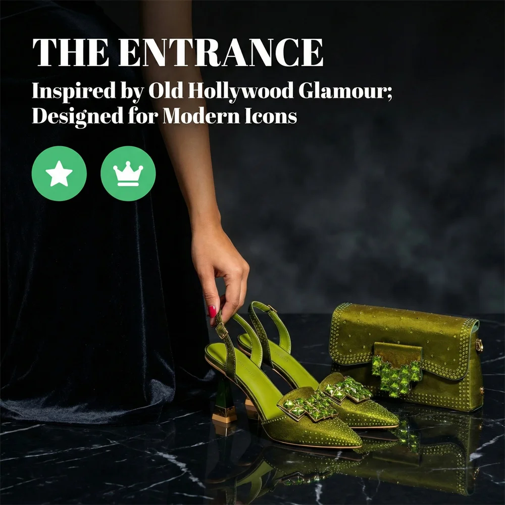 2026 INS Italian Design Olive Green Rhinestone Pointed-Toe Women’s High Heels with Matching Bag Set for Parties and Weddings