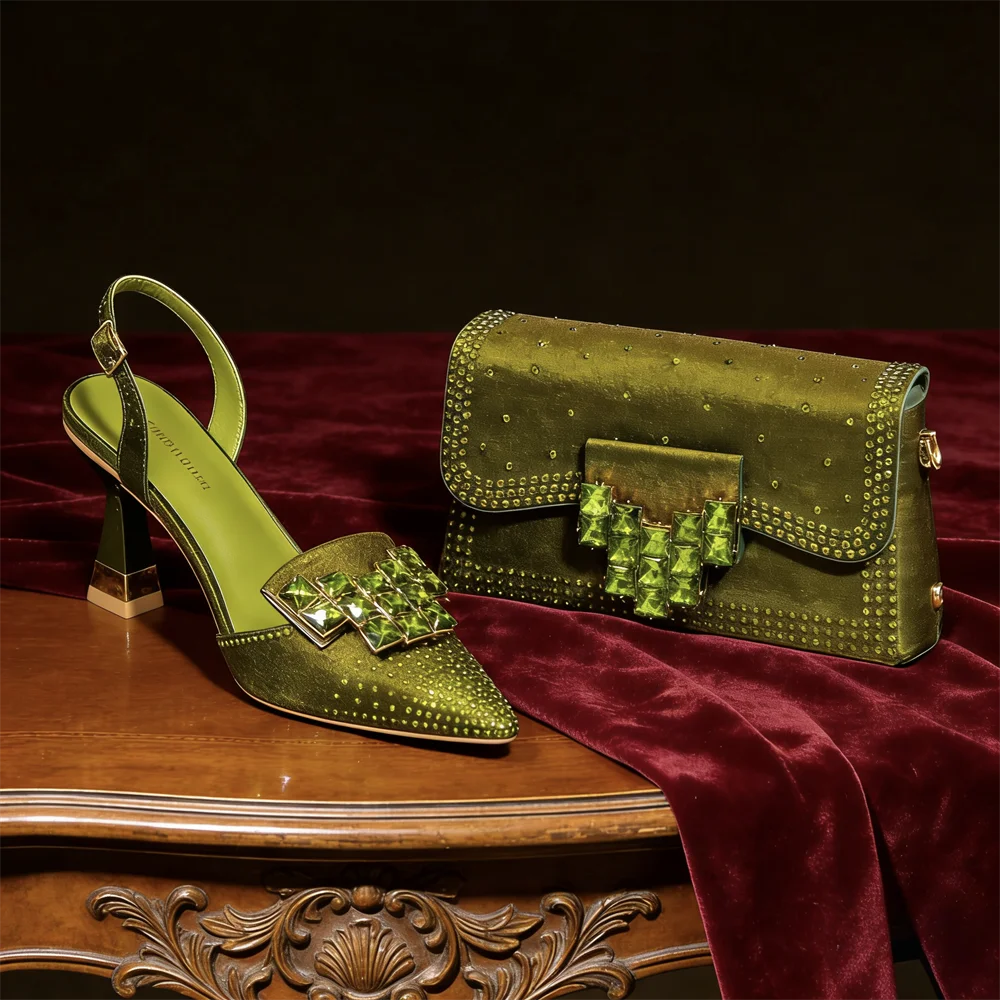 2026 INS Italian Design Olive Green Rhinestone Pointed-Toe Women’s High Heels with Matching Bag Set for Parties and Weddings