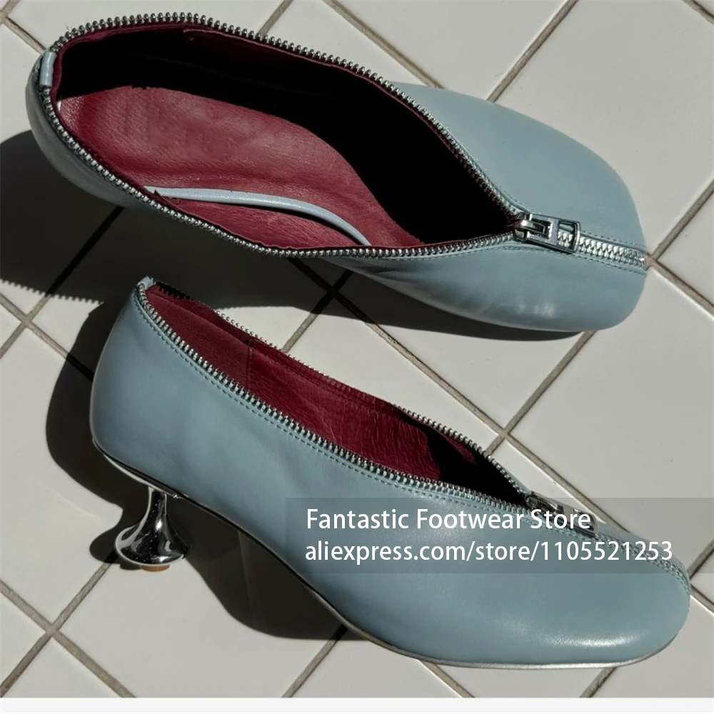 Full Zipper Surround Square Toe Sculpted Metal Strange Heels Light Blue Smooth Leather Retro Elegant Style Dress Shoe for Women