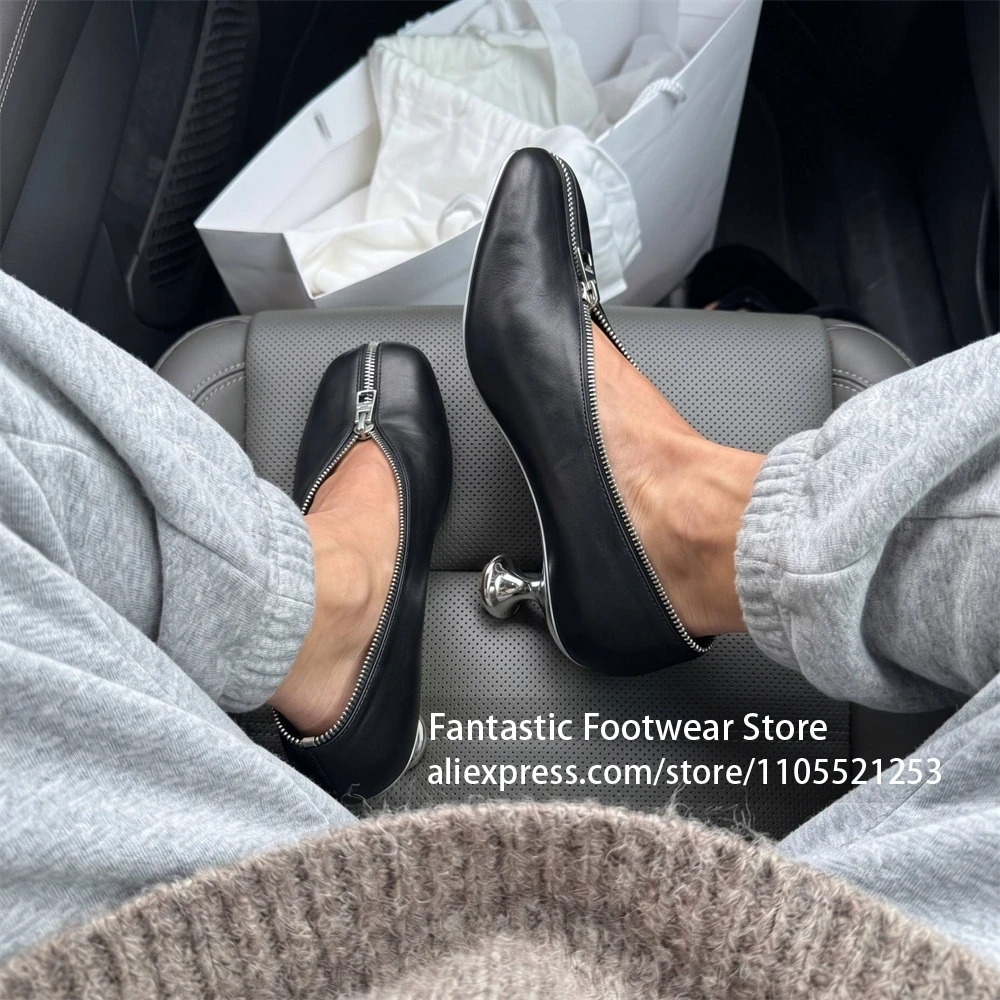 Full Zipper Surround Square Toe Sculpted Metal Strange Heels Light Blue Smooth Leather Retro Elegant Style Dress Shoe for Women