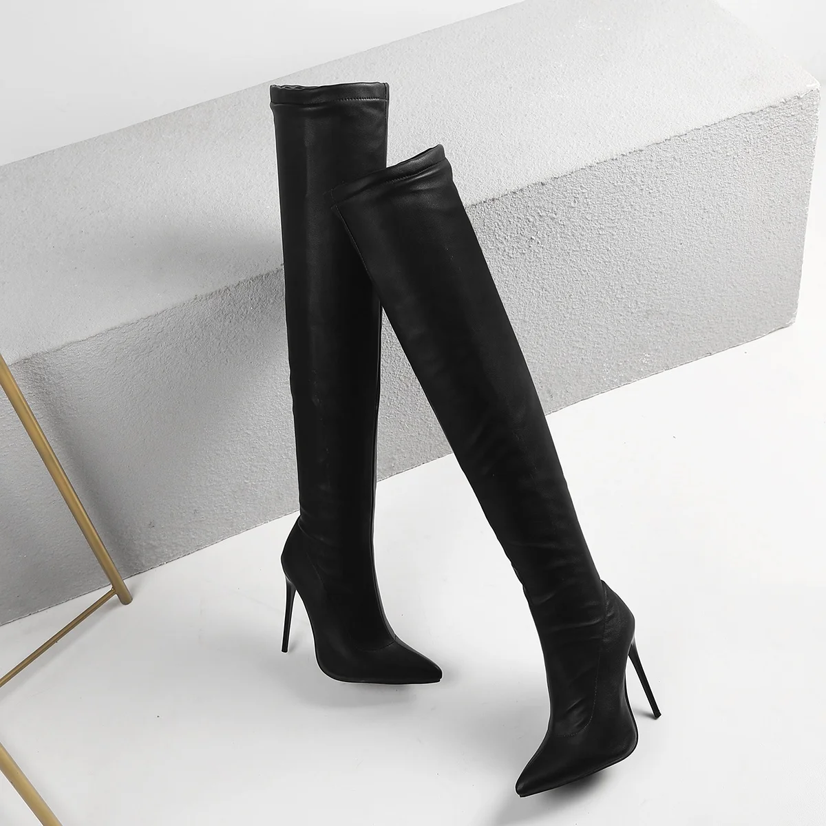 Elegant Sexy Pointed Toe Over the Knee Boots Slim Fit Thigh High Boots Stiletto High Heels Black Long Boots Women's Footwear