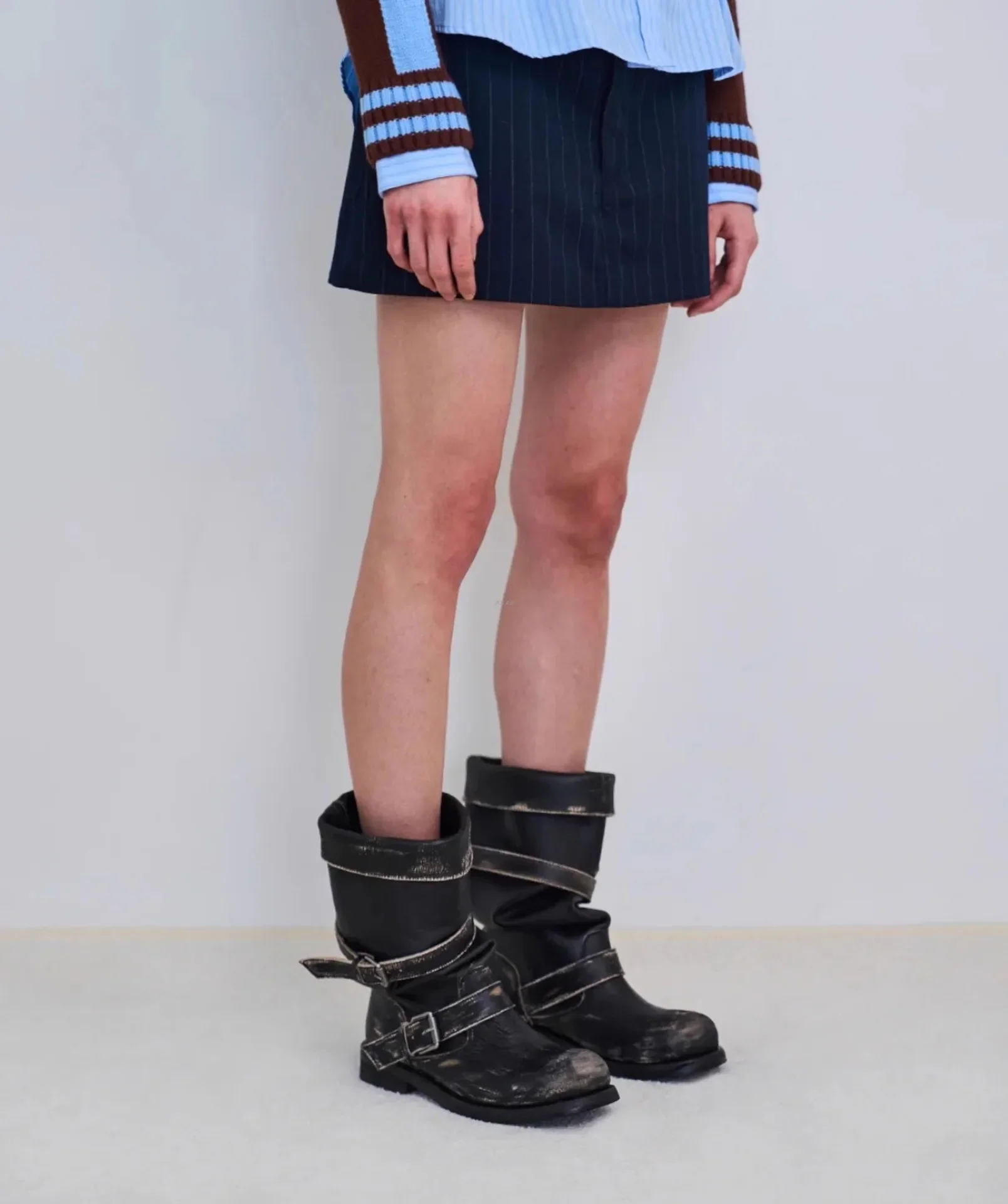 Vintage Platform Buckle Stylish Motorcycle Women Square Toe Chunky High Heel Mid-Calf Shoes Retro Biker Boots