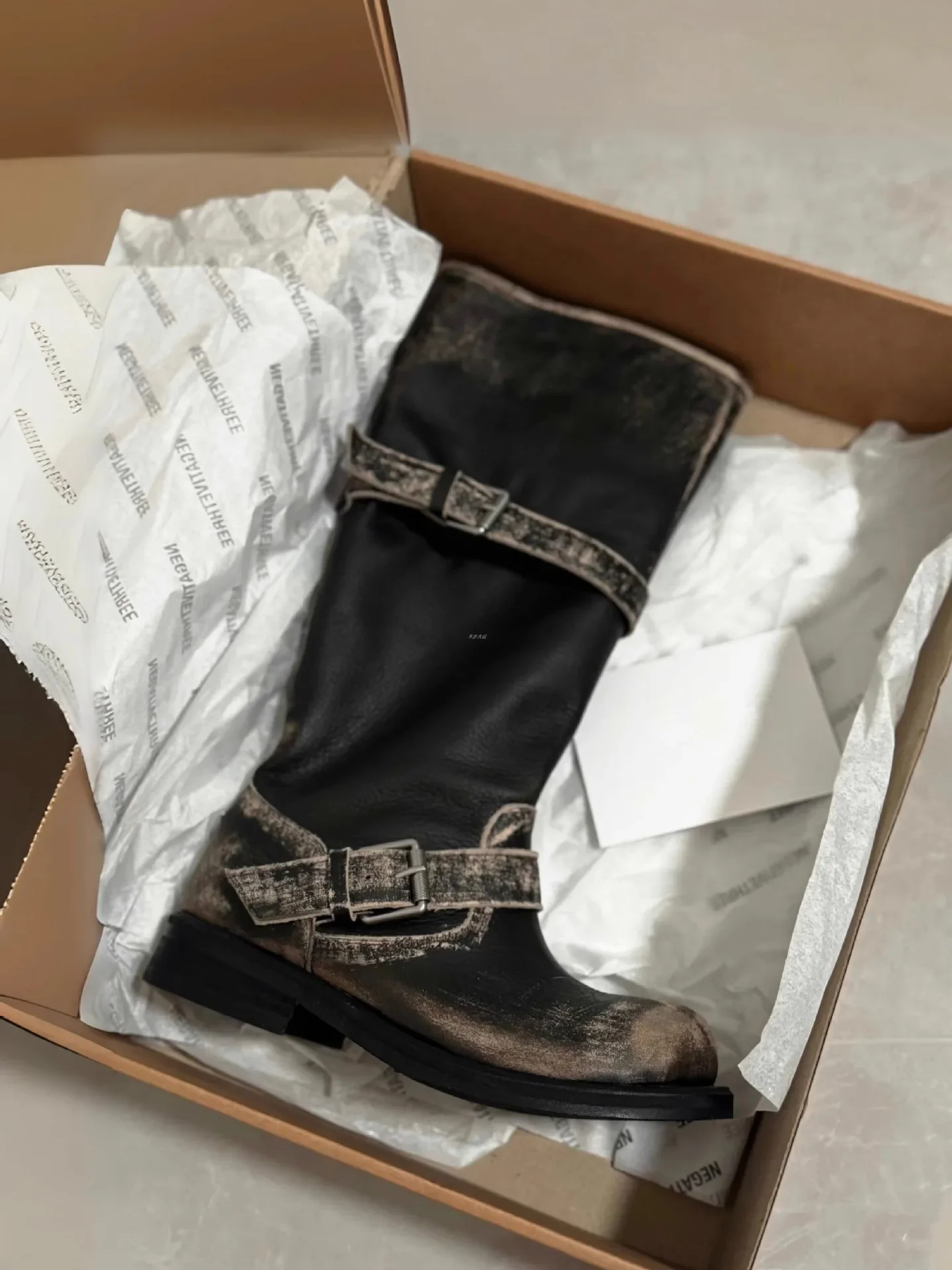 Vintage Platform Buckle Stylish Motorcycle Women Square Toe Chunky High Heel Mid-Calf Shoes Retro Biker Boots