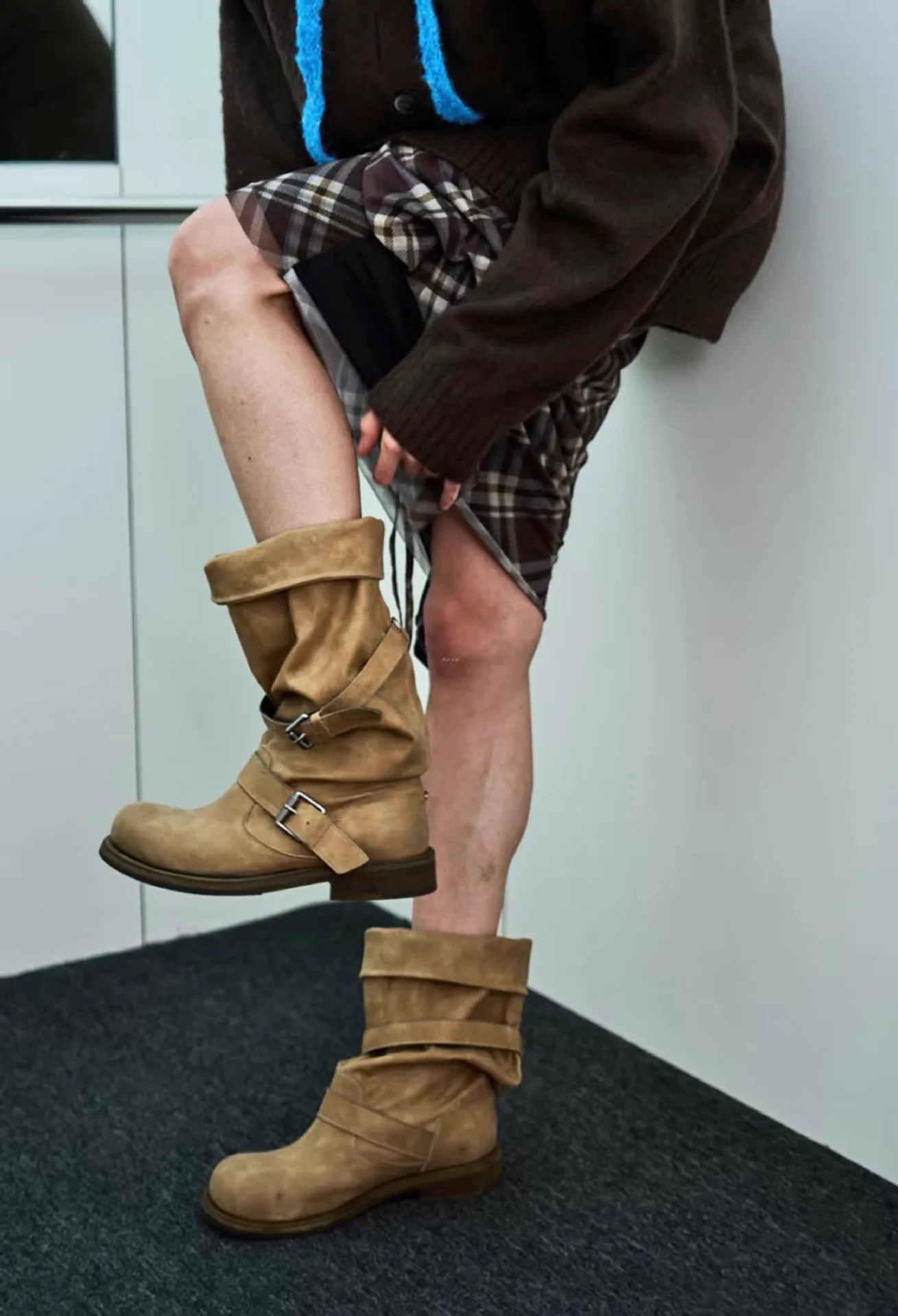 Vintage Platform Buckle Stylish Motorcycle Women Square Toe Chunky High Heel Mid-Calf Shoes Retro Biker Boots