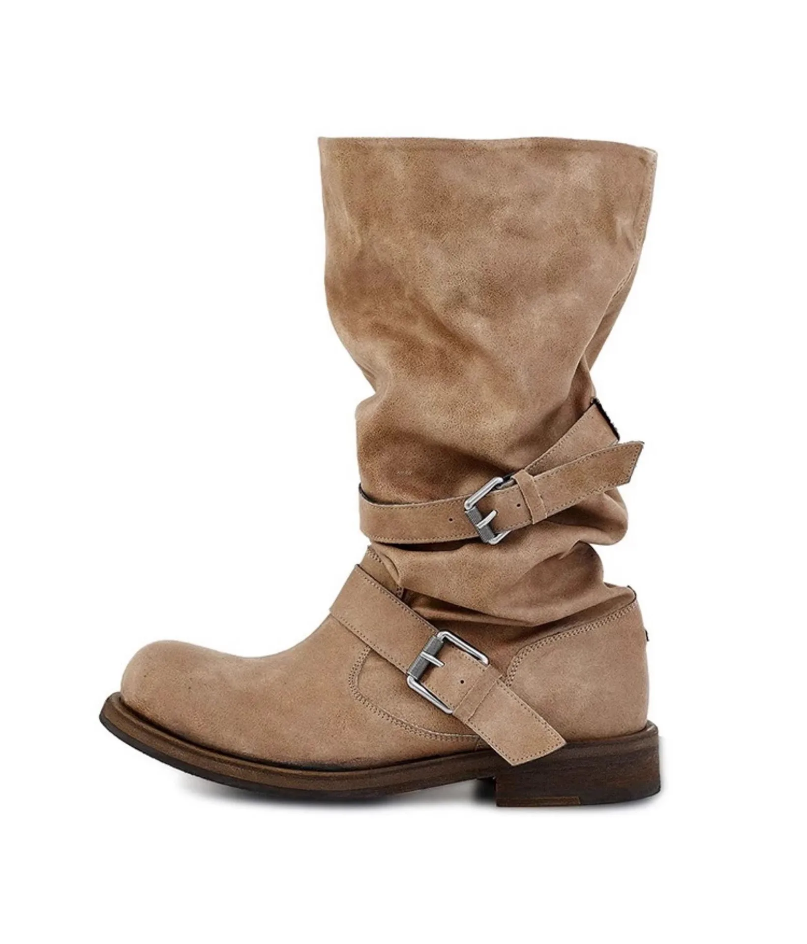 Vintage Platform Buckle Stylish Motorcycle Women Square Toe Chunky High Heel Mid-Calf Shoes Retro Biker Boots