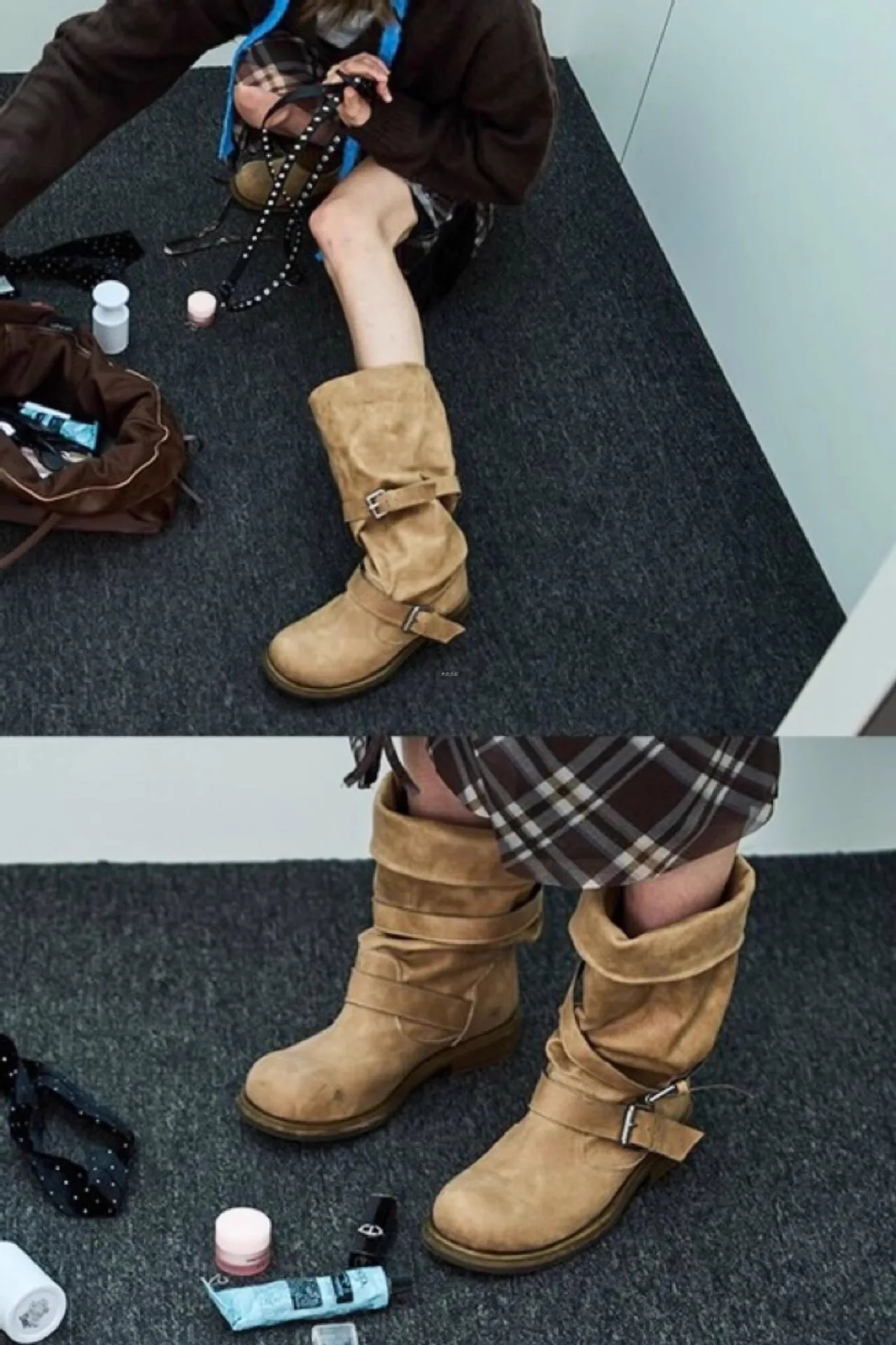 Vintage Platform Buckle Stylish Motorcycle Women Square Toe Chunky High Heel Mid-Calf Shoes Retro Biker Boots