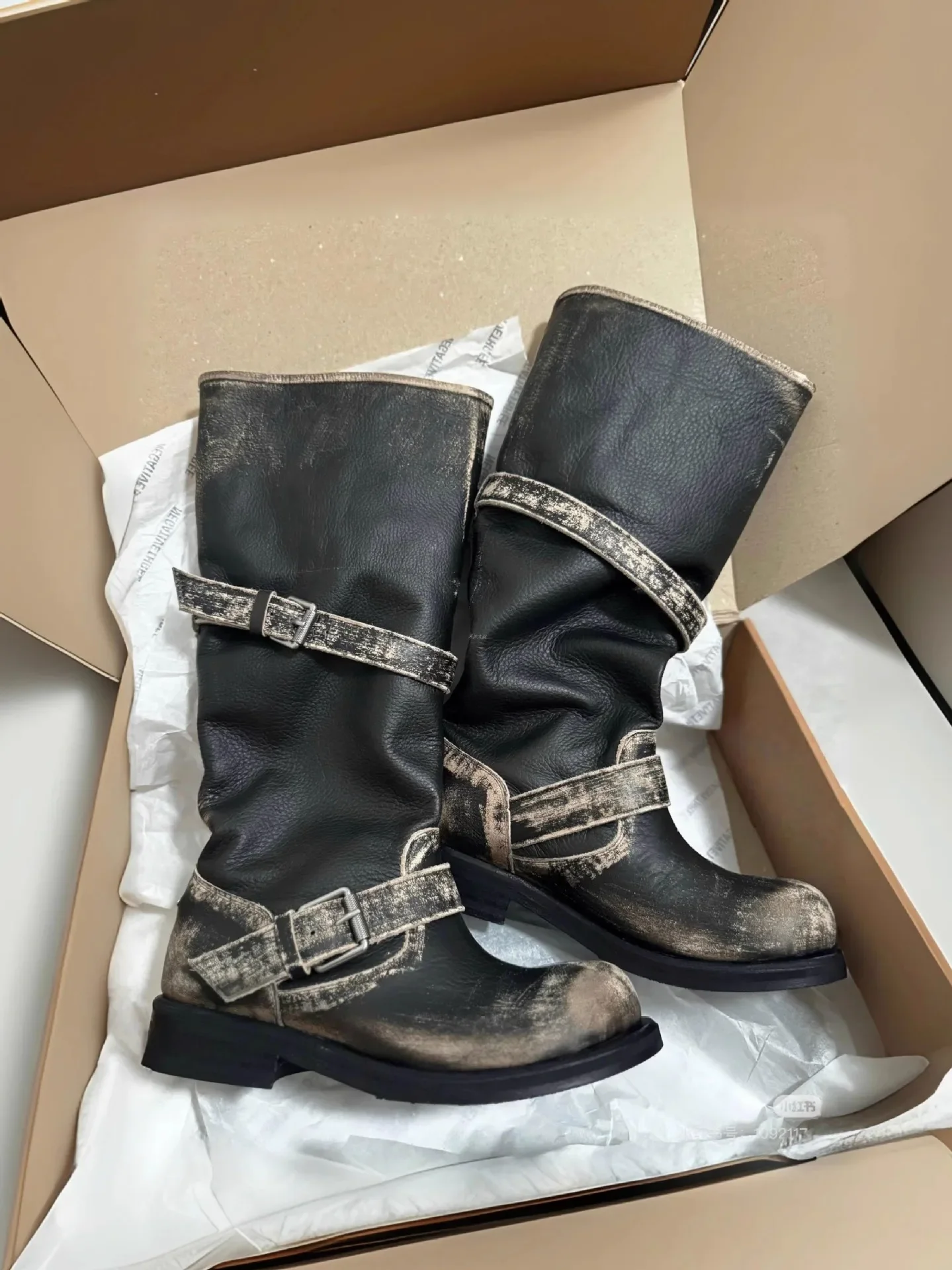 Vintage Platform Buckle Stylish Motorcycle Women Square Toe Chunky High Heel Mid-Calf Shoes Retro Biker Boots