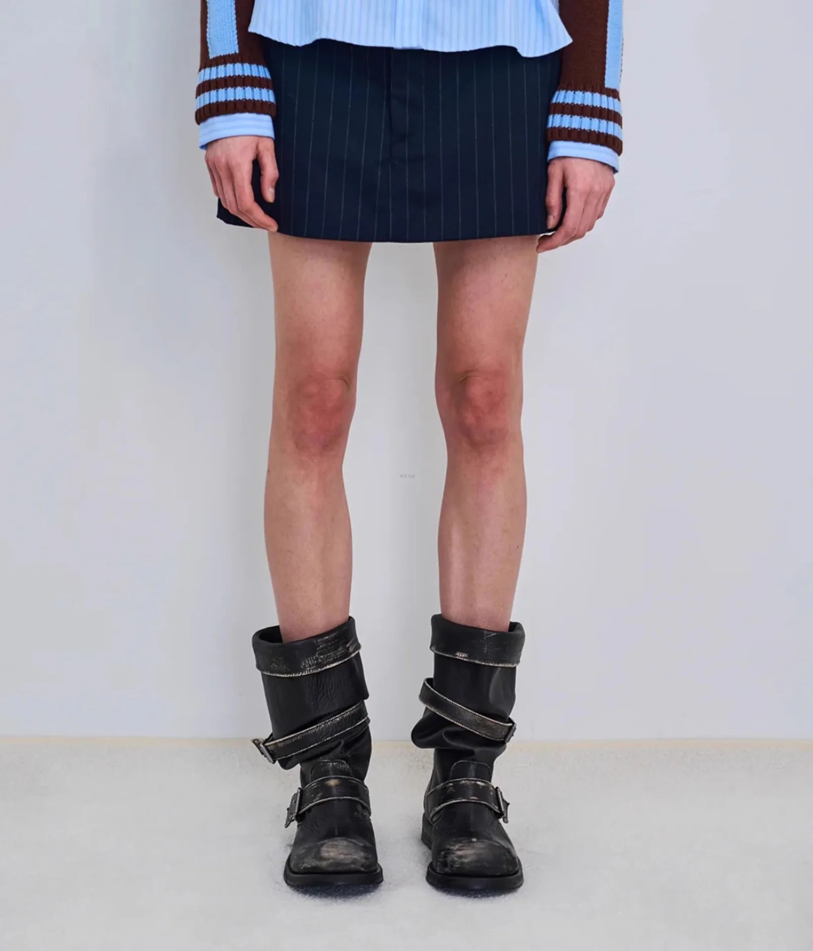 Vintage Platform Buckle Stylish Motorcycle Women Square Toe Chunky High Heel Mid-Calf Shoes Retro Biker Boots