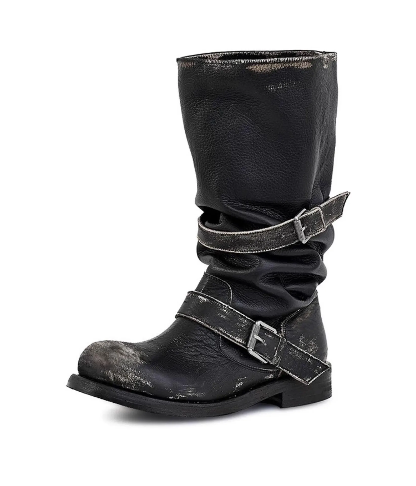 Vintage Platform Buckle Stylish Motorcycle Women Square Toe Chunky High Heel Mid-Calf Shoes Retro Biker Boots