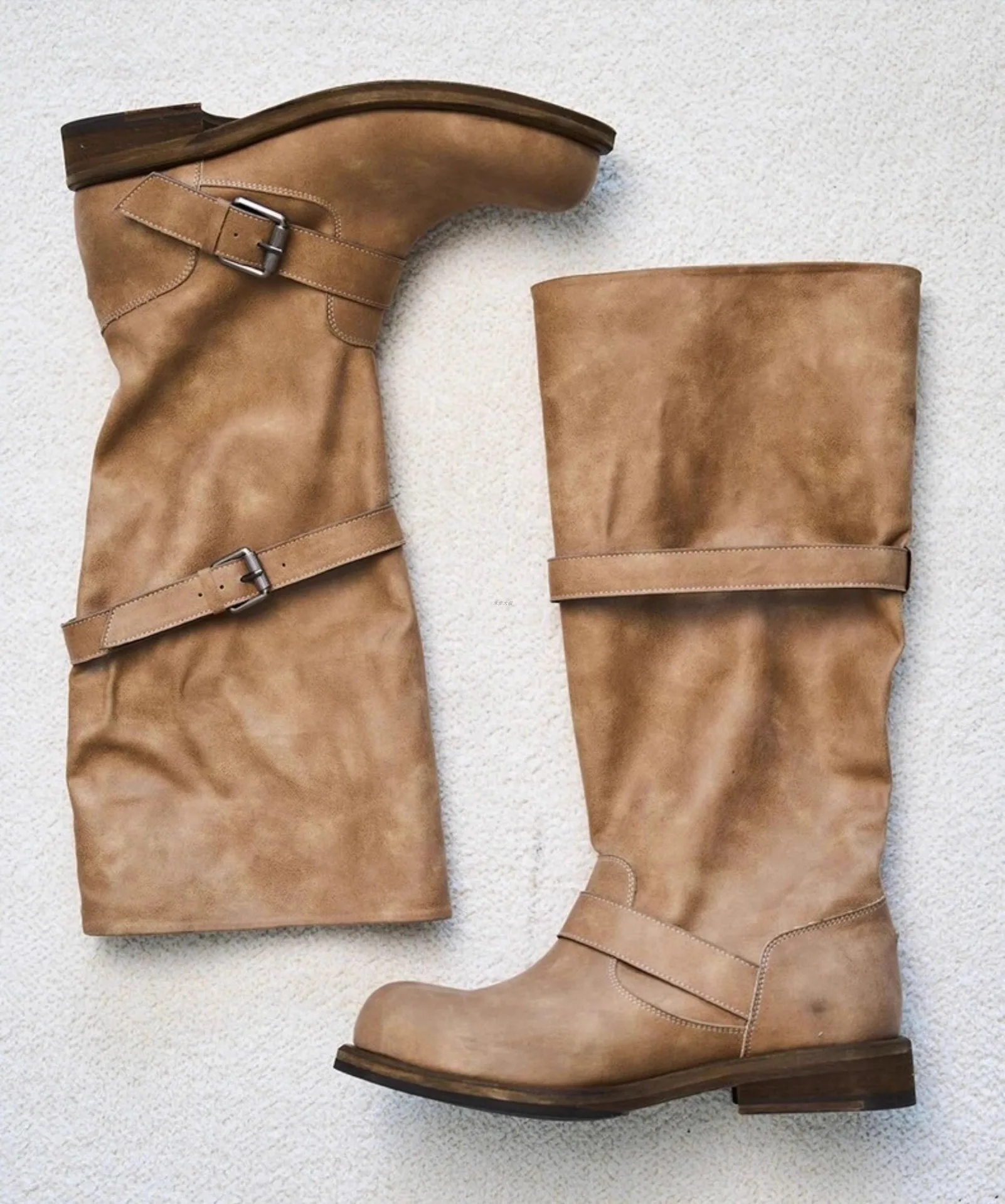 Vintage Platform Buckle Stylish Motorcycle Women Square Toe Chunky High Heel Mid-Calf Shoes Retro Biker Boots