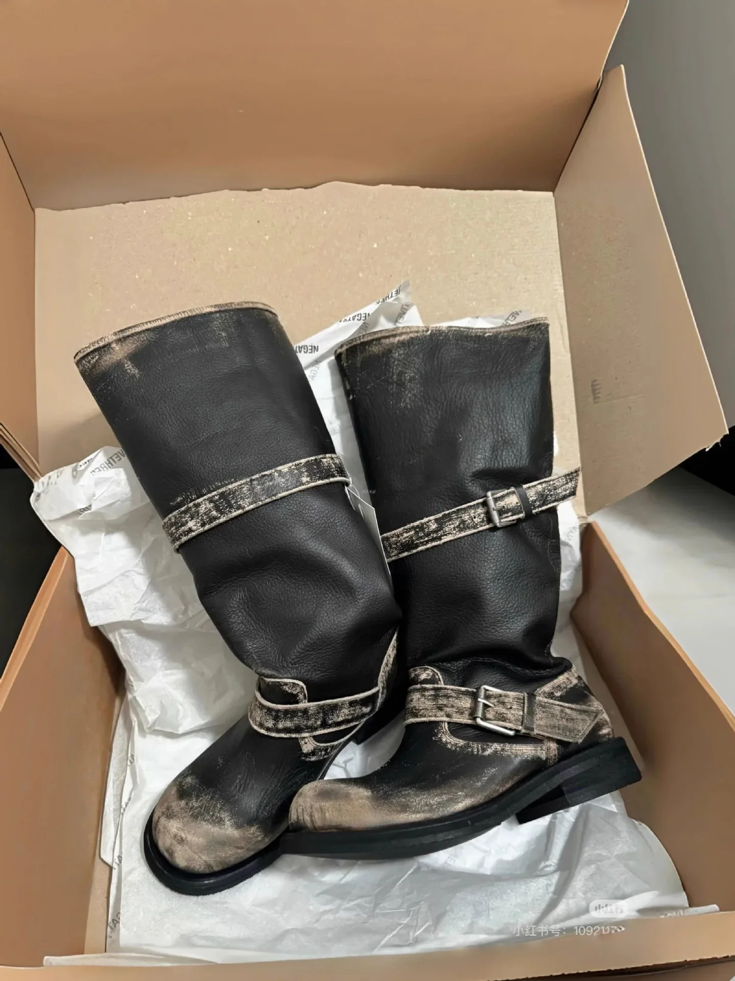 Vintage Platform Buckle Stylish Motorcycle Women Square Toe Chunky High Heel Mid-Calf Shoes Retro Biker Boots