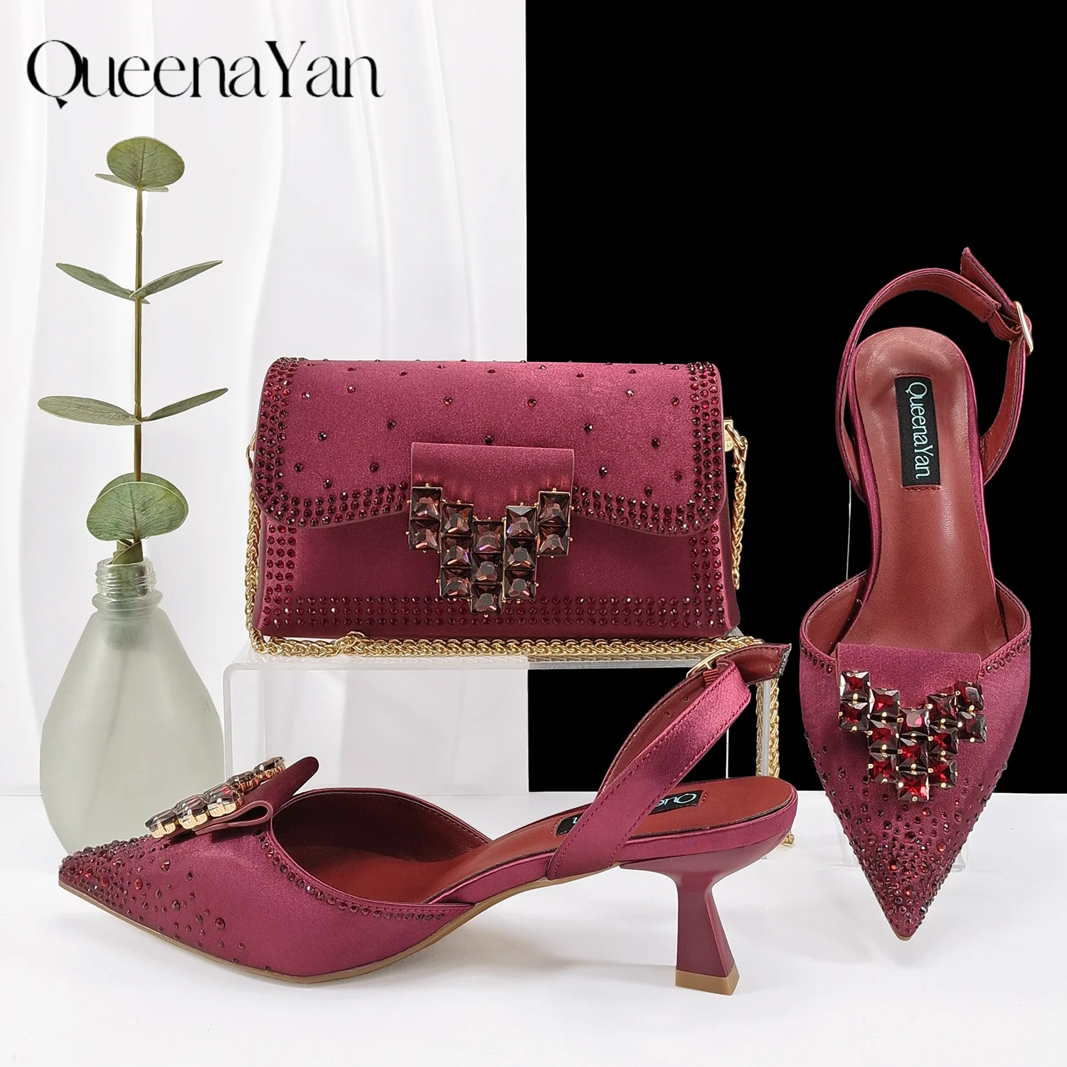 Queen Yan Green Color Rhinestone Comfortable Women's Pumps Heels And Bag Fashion Style Pointed-Toe Shoes For Farty Occasion