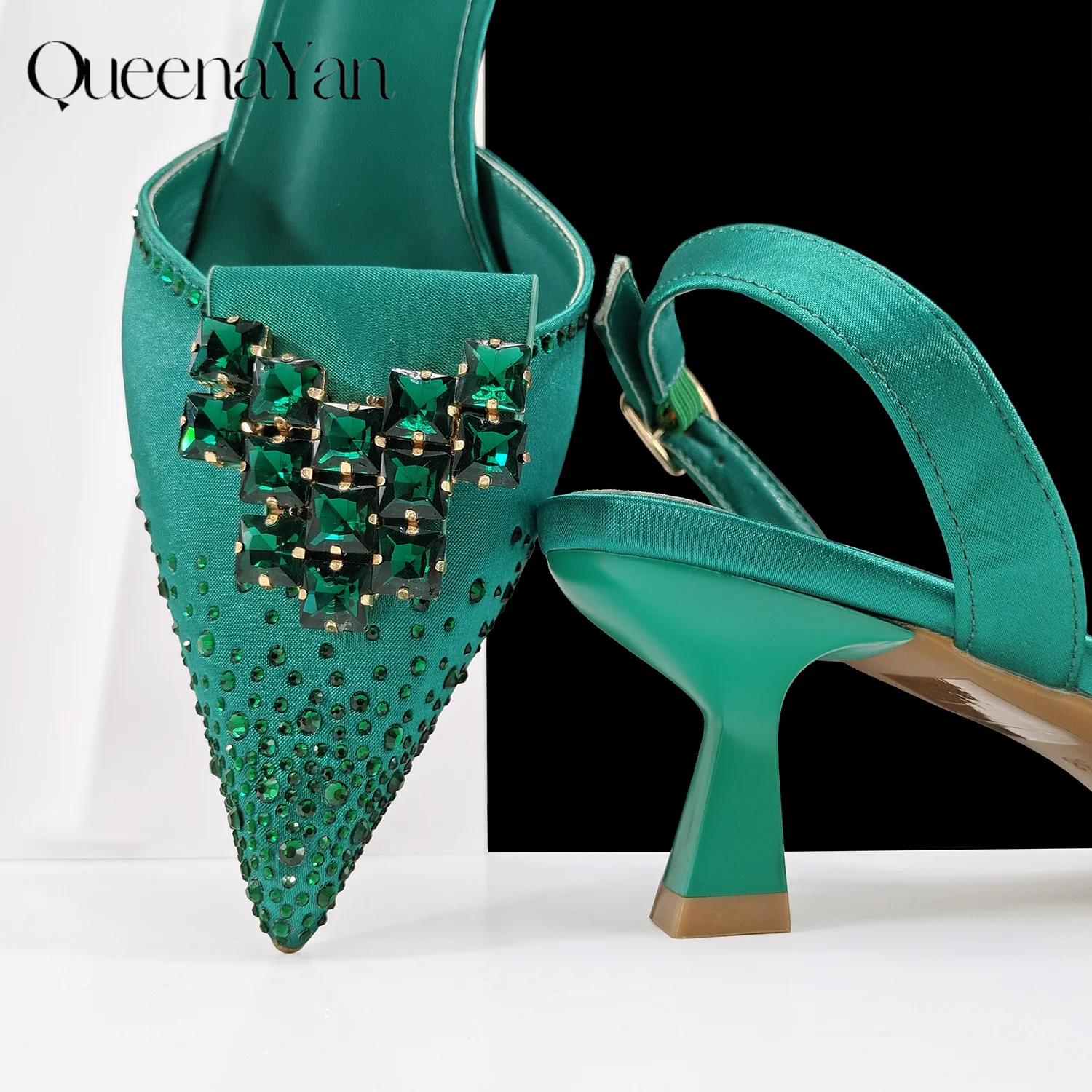 Queen Yan Green Color Rhinestone Comfortable Women's Pumps Heels And Bag Fashion Style Pointed-Toe Shoes For Farty Occasion