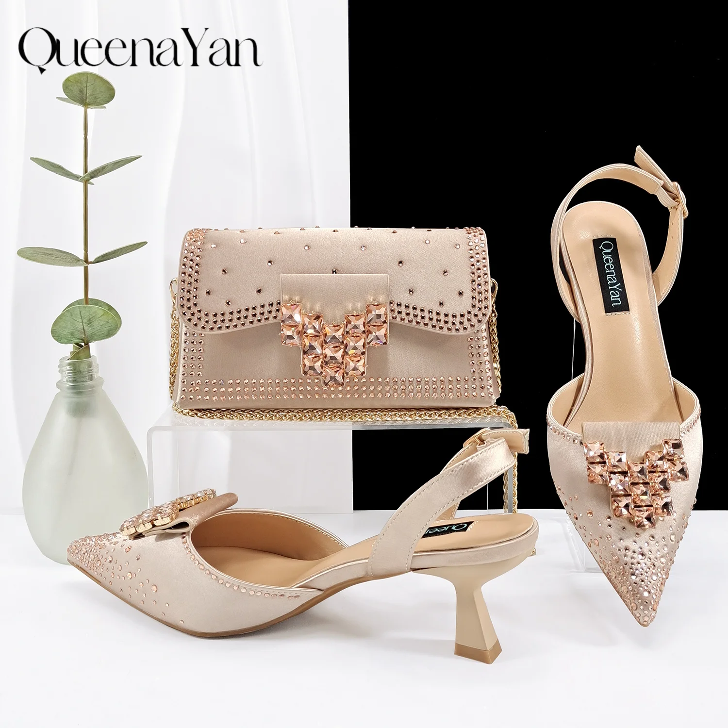Queen Yan Green Color Rhinestone Comfortable Women's Pumps Heels And Bag Fashion Style Pointed-Toe Shoes For Farty Occasion