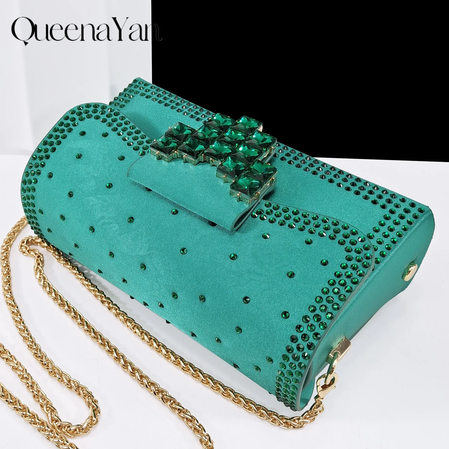 Queen Yan Green Color Rhinestone Comfortable Women's Pumps Heels And Bag Fashion Style Pointed-Toe Shoes For Farty Occasion