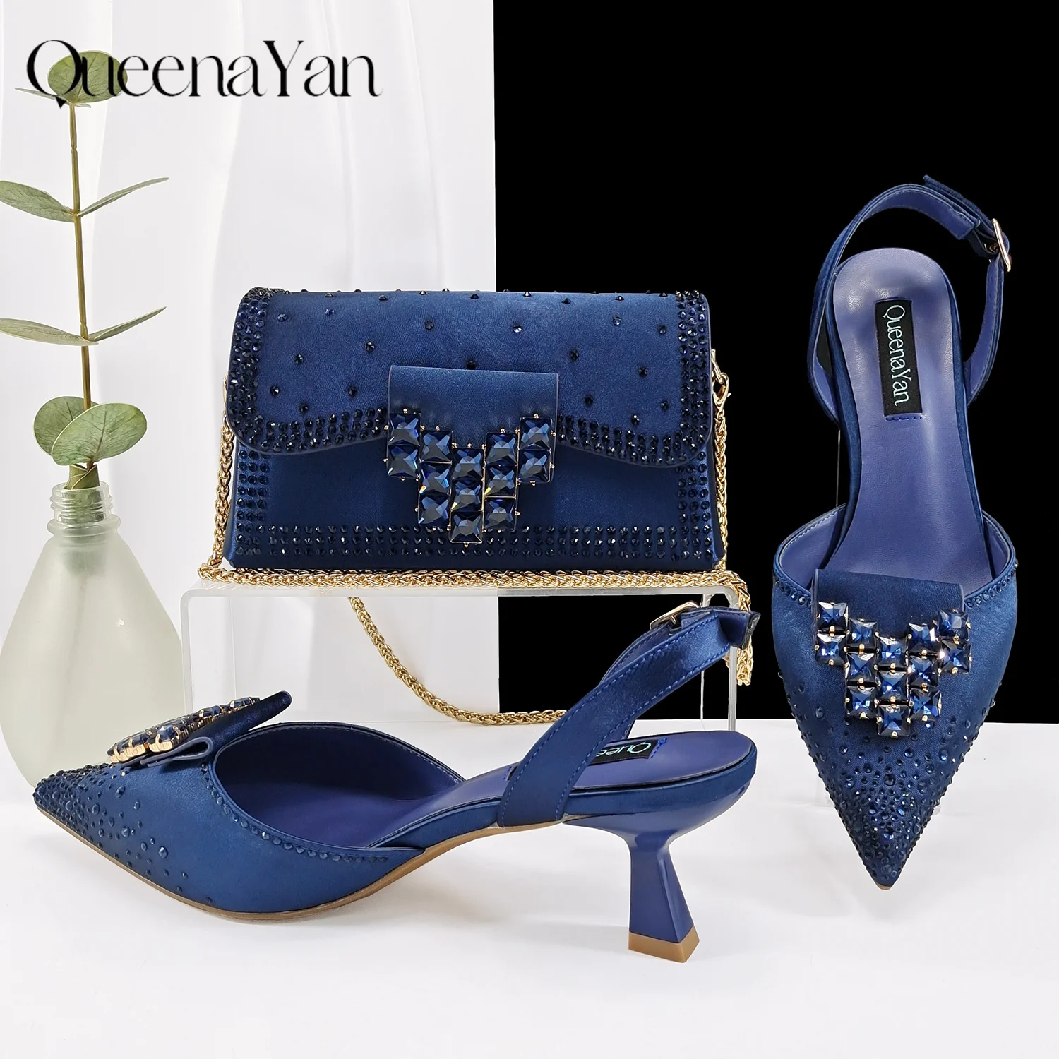 Queen Yan Green Color Rhinestone Comfortable Women's Pumps Heels And Bag Fashion Style Pointed-Toe Shoes For Farty Occasion