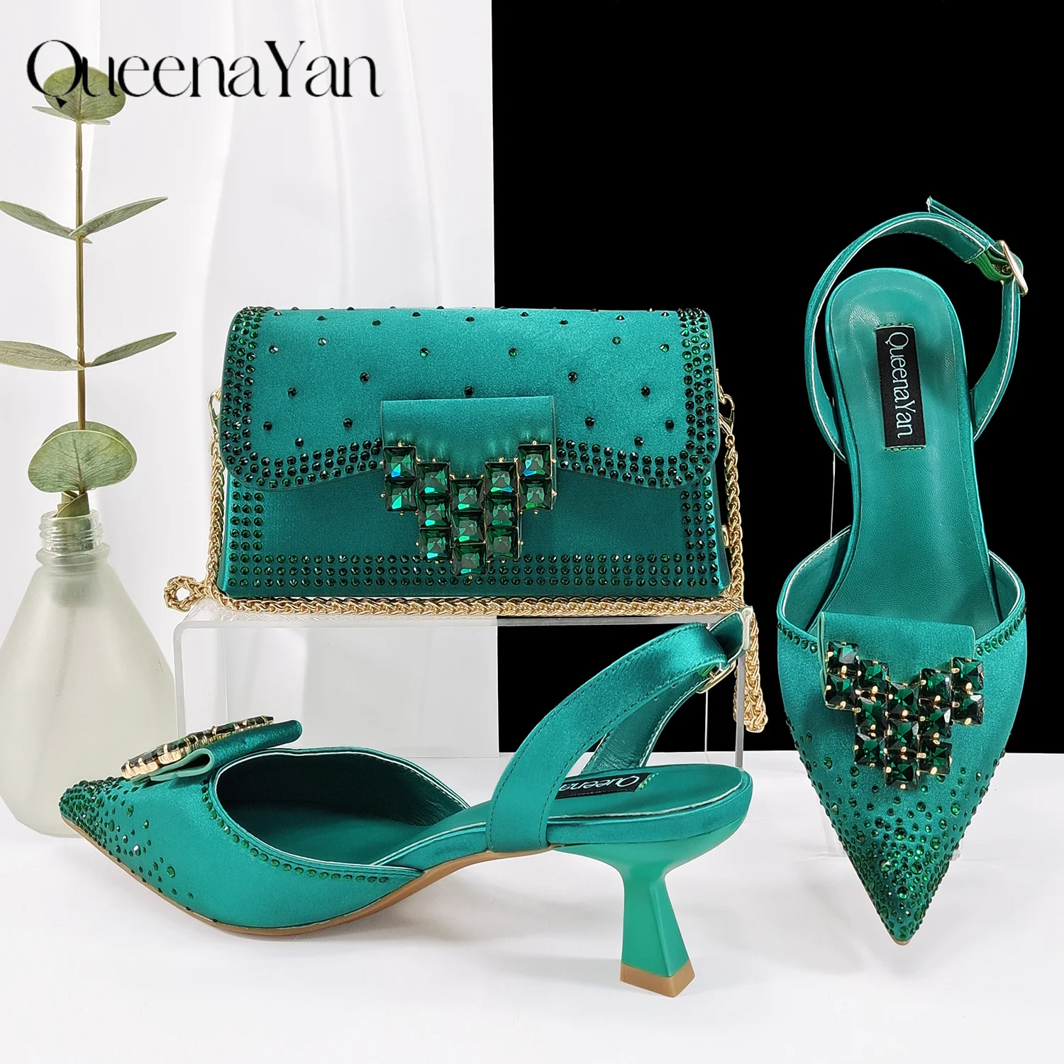 Queen Yan Green Color Rhinestone Comfortable Women's Pumps Heels And Bag Fashion Style Pointed-Toe Shoes For Farty Occasion