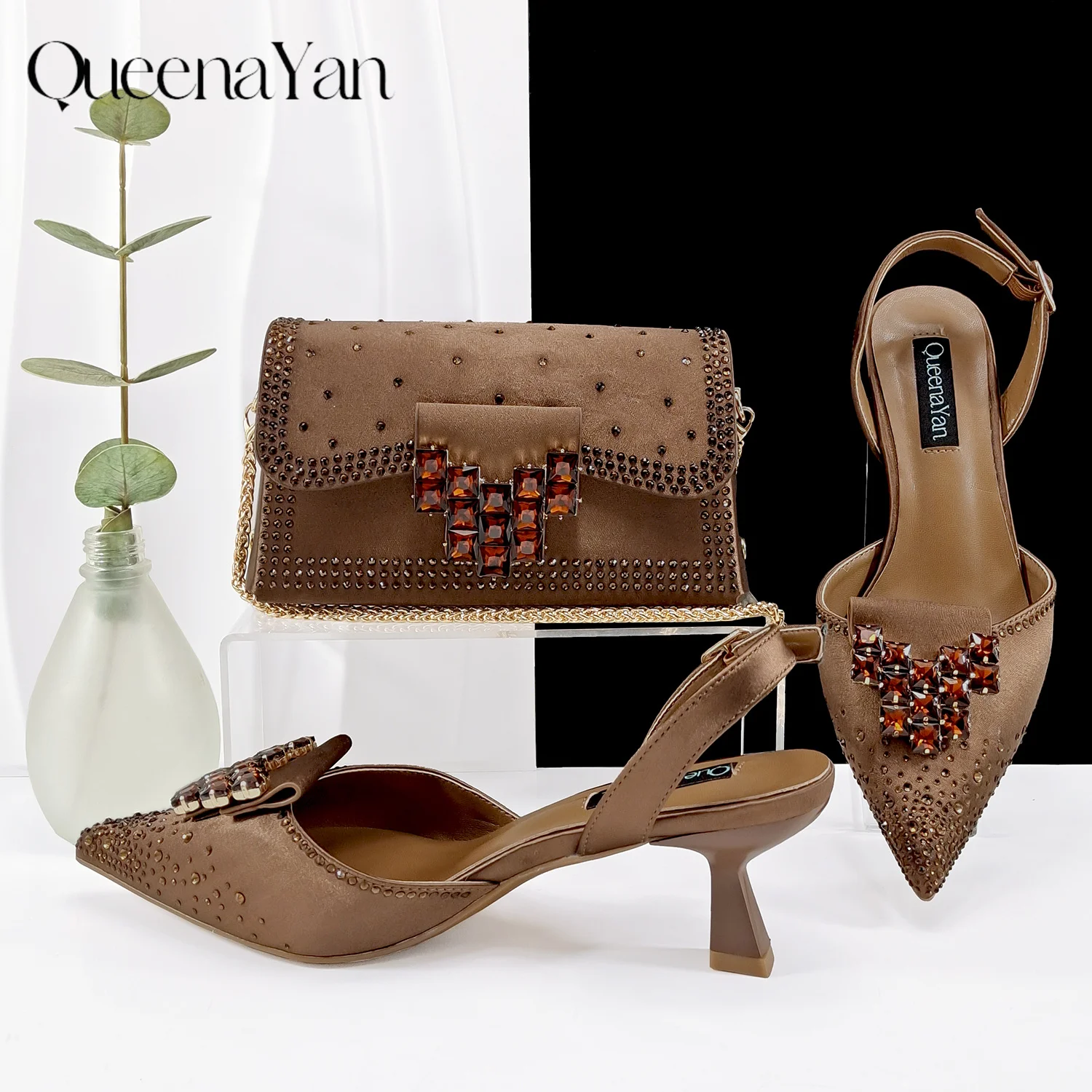 Queen Yan Green Color Rhinestone Comfortable Women's Pumps Heels And Bag Fashion Style Pointed-Toe Shoes For Farty Occasion