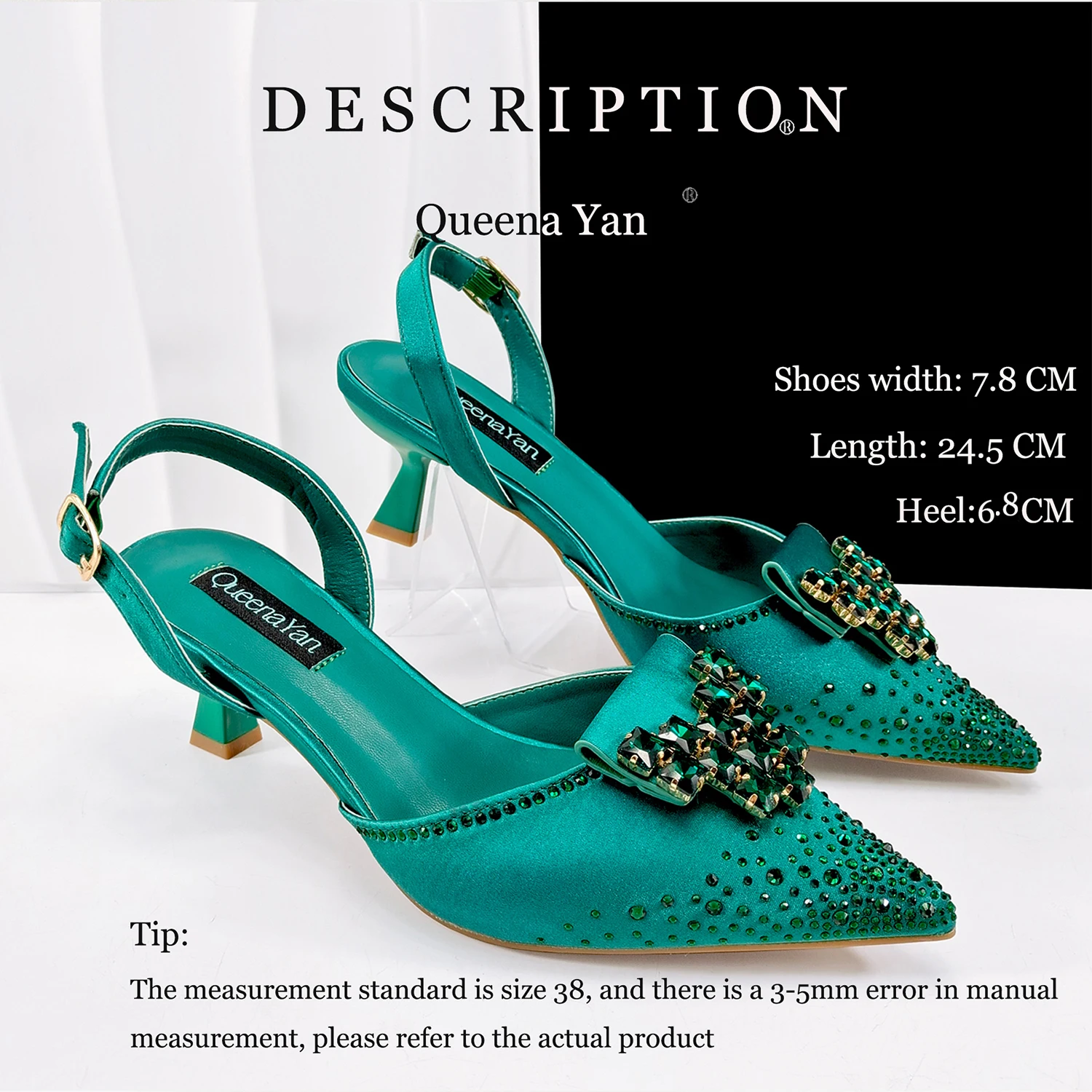 Queen Yan Green Color Rhinestone Comfortable Women's Pumps Heels And Bag Fashion Style Pointed-Toe Shoes For Farty Occasion