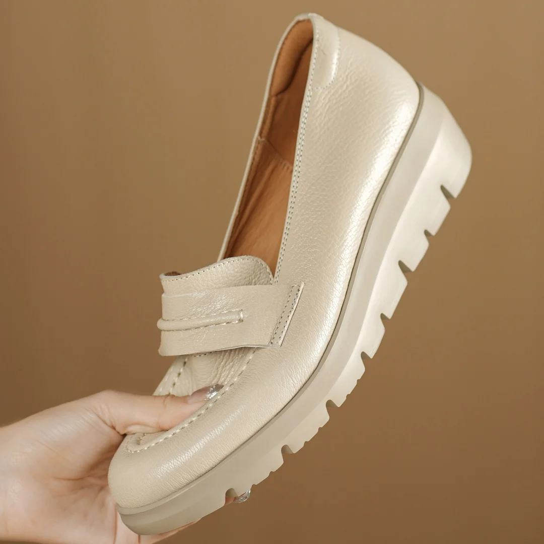 Women's sheepskin round toe slip-on thick sole platform flats loafers high quality soft comfort casual female daily moccasins 40