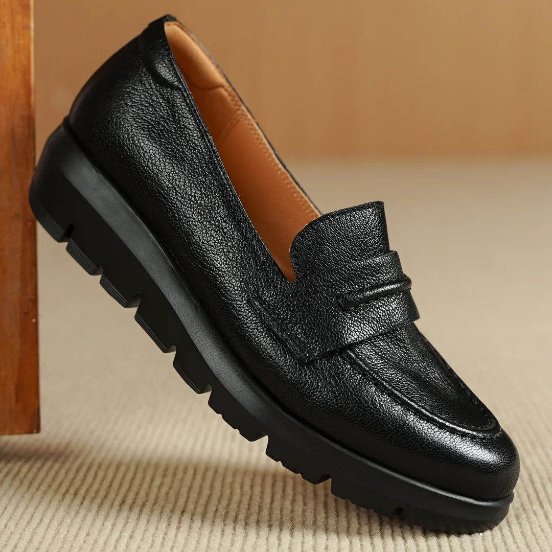 Women's sheepskin round toe slip-on thick sole platform flats loafers high quality soft comfort casual female daily moccasins 40