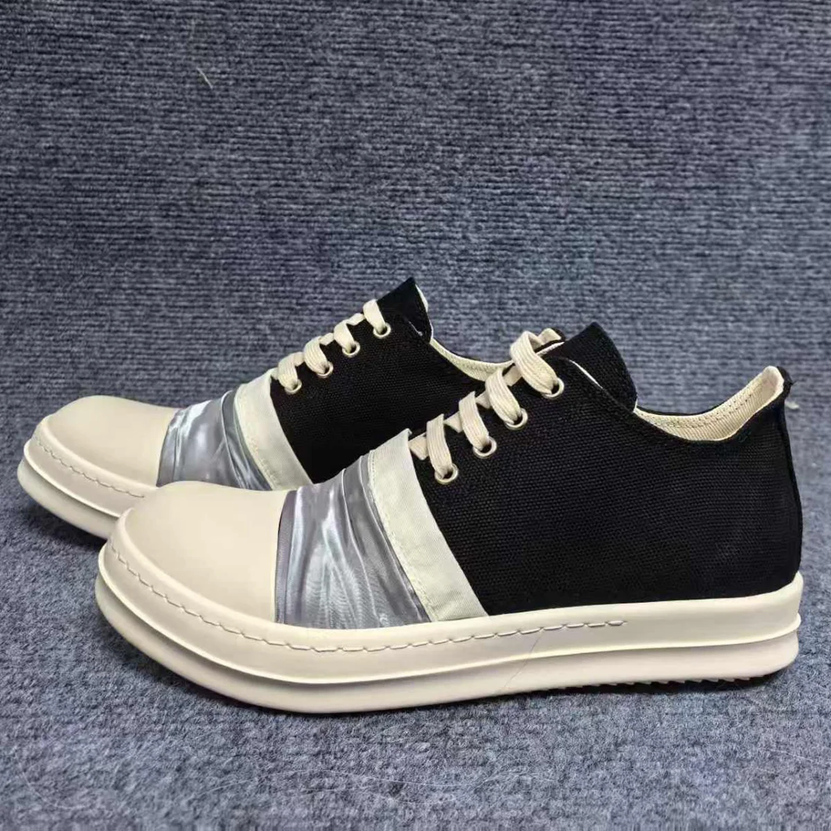 Men's Shoes Black Canvas Low-Top Shoe With Silver Pleated Fabric Classic Design Women's Sneakers High Quality Flat Sneaker