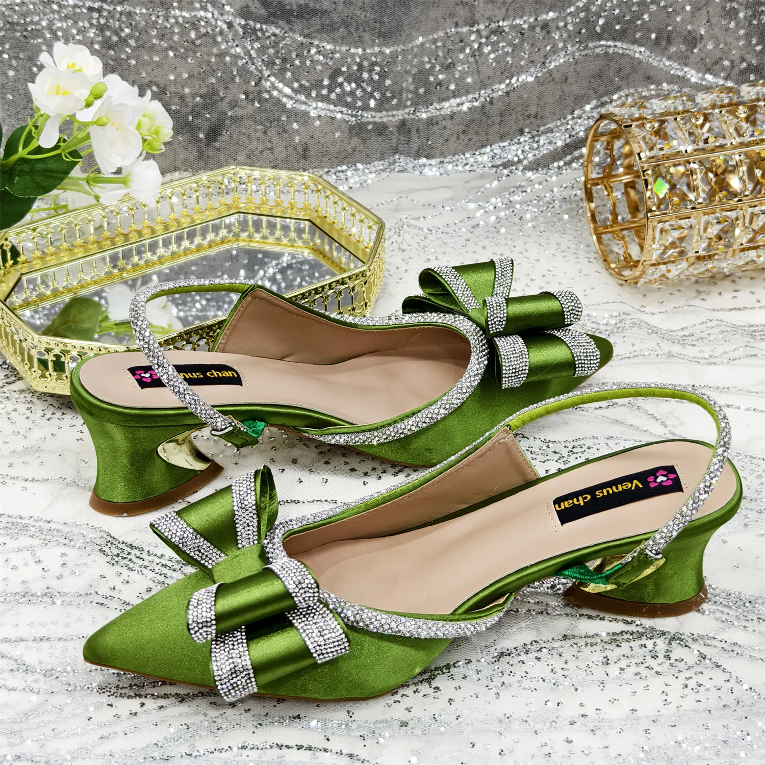 Venus Chan 2025 New Olive Green Pointed Toe INS Party Wedding Italy Design Women's High Heels Shoes and Bag to Match Italian