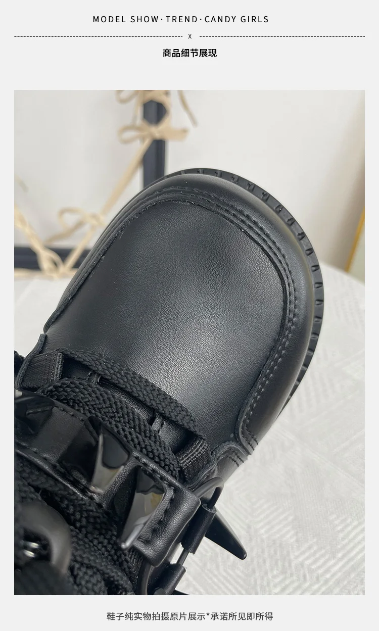 2025 Women's Black Skull Decorative Gothic Tide Genuine Leather Shoes 9cm Thick-soled Lace-Up Short Boots