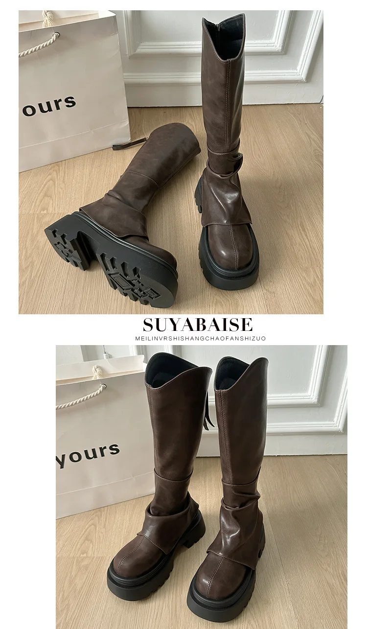 Thick soled long tube boots 2025 new autumn and winter high tube boots V-mouth pants boots stack boots knight boots