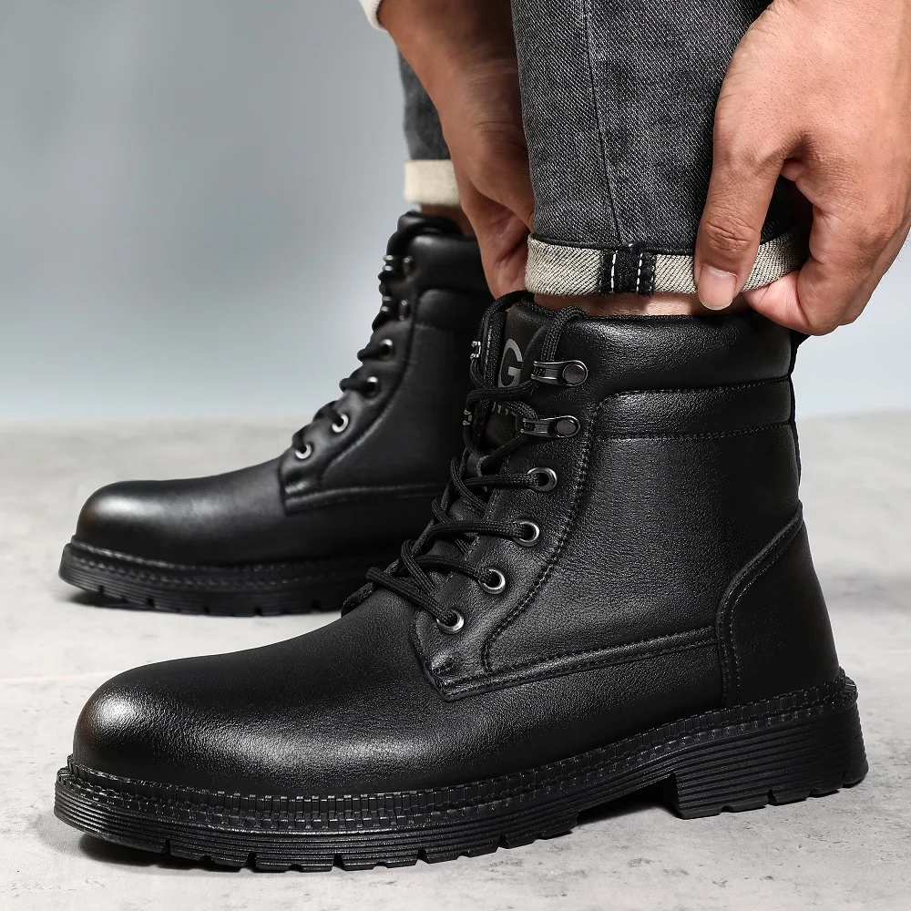 Men Leather Boots Warm Winter Boots Safety Shoes Men Waterproof Work Boots Puncture-Proof Indestructible Shoes Security Boots