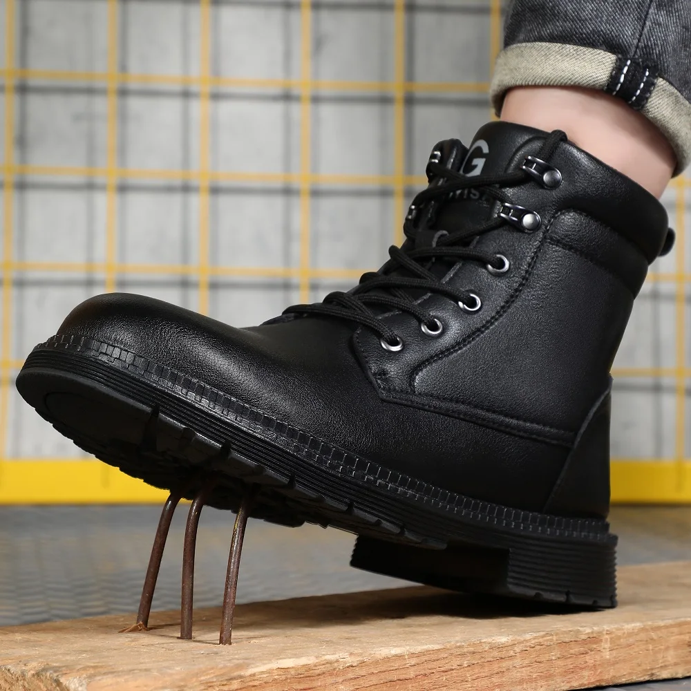Men Leather Boots Warm Winter Boots Safety Shoes Men Waterproof Work Boots Puncture-Proof Indestructible Shoes Security Boots