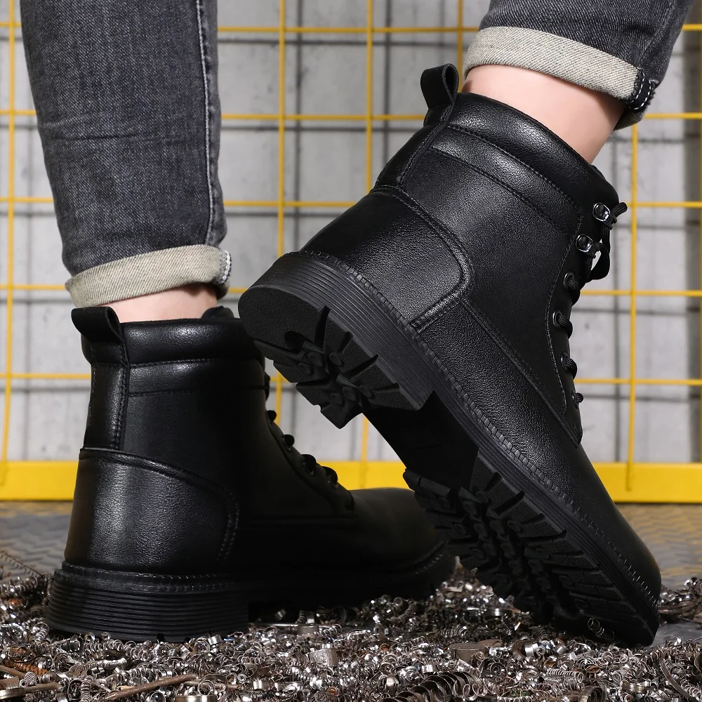 Men Leather Boots Warm Winter Boots Safety Shoes Men Waterproof Work Boots Puncture-Proof Indestructible Shoes Security Boots