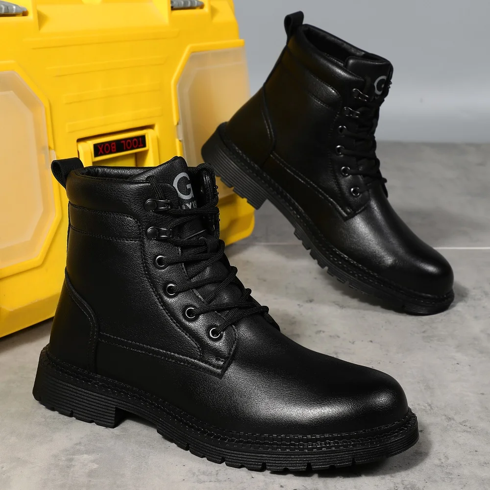 Men Leather Boots Warm Winter Boots Safety Shoes Men Waterproof Work Boots Puncture-Proof Indestructible Shoes Security Boots