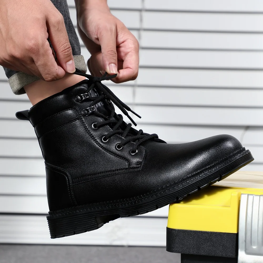 Men Leather Boots Warm Winter Boots Safety Shoes Men Waterproof Work Boots Puncture-Proof Indestructible Shoes Security Boots