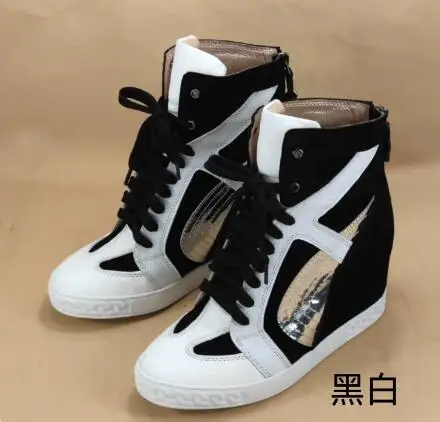 Two-Tone Snake Print Wedge High Top Sneakers Women Genuine Leather Lace Up Hidden Wedge Ankle Boots Platform Casual Shoes Lady