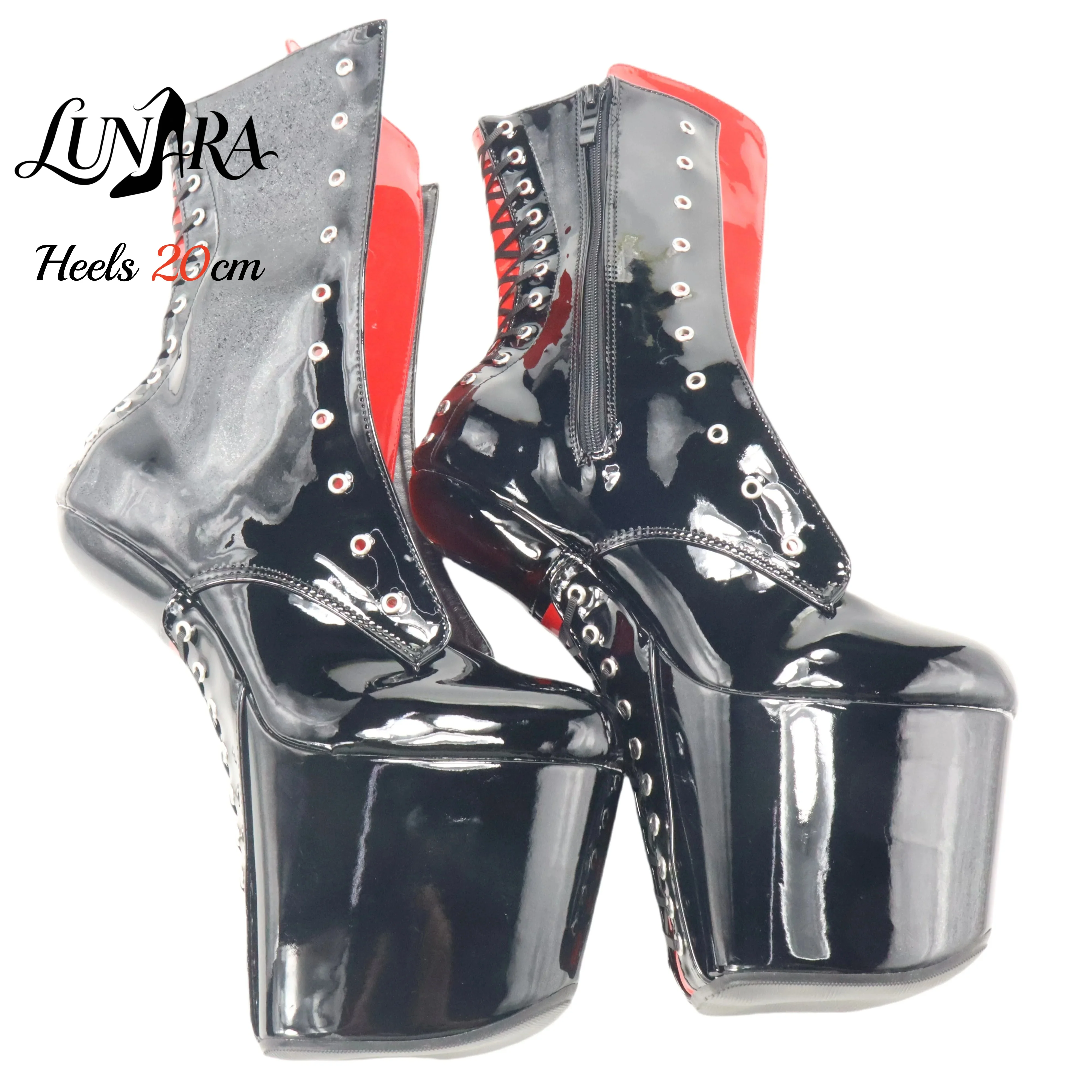 20cm/8Inch Black Red Patent Leather Lace-up Side Zipper Closed Toe Platform High Stiletto Ankle Boots Goth Pole Dance Rave Party