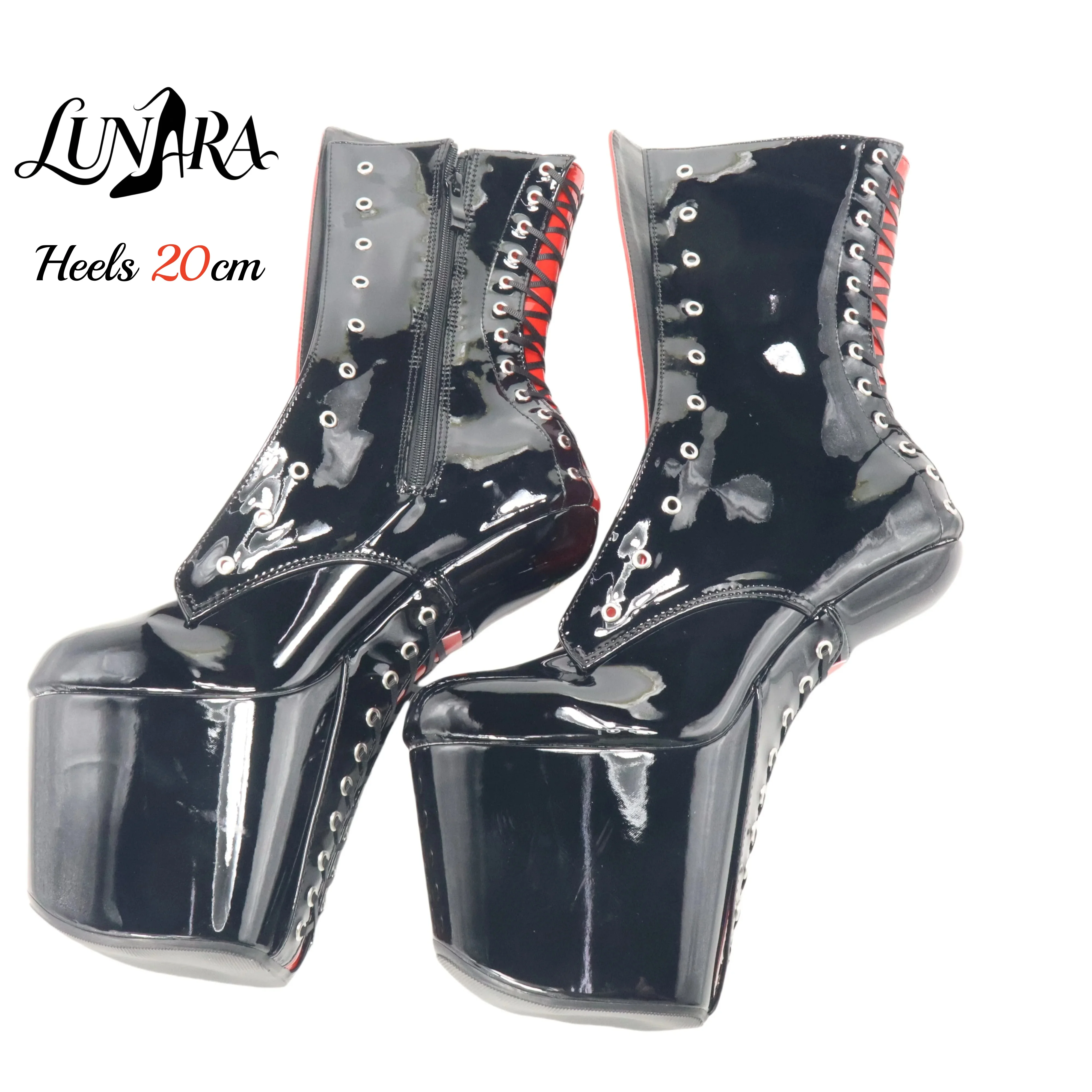 20cm/8Inch Black Red Patent Leather Lace-up Side Zipper Closed Toe Platform High Stiletto Ankle Boots Goth Pole Dance Rave Party